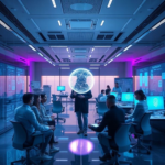 futuristic office environment with holographic interfaces and a diverse team collaborating with an advanced AI assistant represented by a subtle glowing orb, soft blue and purple lighting, sleek modern design, highly detailed, cinematic, 8k quality, photorealistic