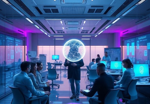 futuristic office environment with holographic interfaces and a diverse team collaborating with an advanced AI assistant represented by a subtle glowing orb, soft blue and purple lighting, sleek modern design, highly detailed, cinematic, 8k quality, photorealistic