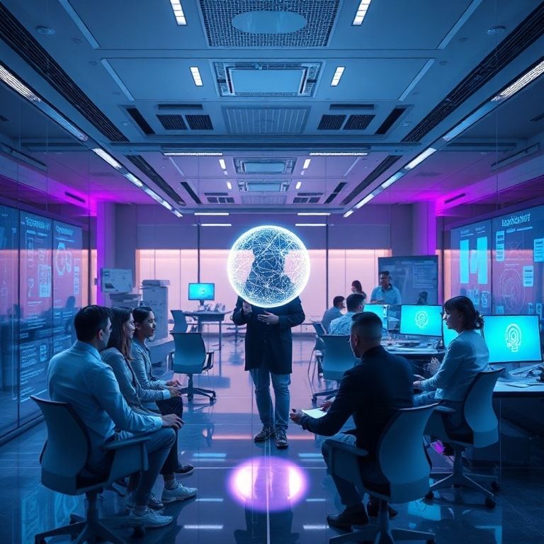 futuristic office environment with holographic interfaces and a diverse team collaborating with an advanced AI assistant represented by a subtle glowing orb, soft blue and purple lighting, sleek modern design, highly detailed, cinematic, 8k quality, photorealistic