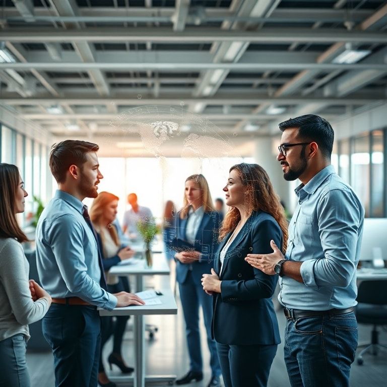 openai - diverse group of professionals collaborating in a modern open-plan office, an AI assistant represented by a transluc