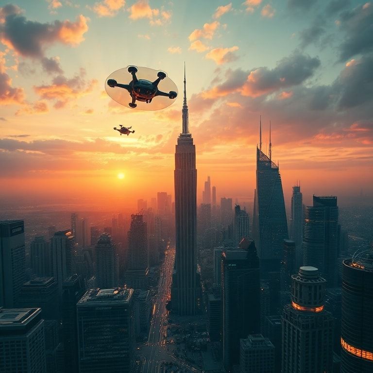 openai - futuristic city skyline at sunset, intricate architecture with glowing windows, flying vehicles, sense of progress a