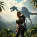 Aloy from Horizon Zero Dawn standing defiantly against a backdrop of a lush, overgrown post-apocalyptic landscape with large, robotic dinosaurs in the distance, dramatic lighting, vibrant colors, game art style, highly detailed, cinematic atmosphere, 8k quality, digital painting