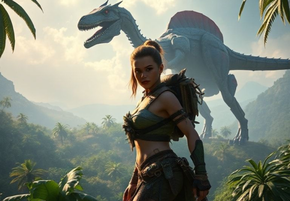 Aloy from Horizon Zero Dawn standing defiantly against a backdrop of a lush, overgrown post-apocalyptic landscape with large, robotic dinosaurs in the distance, dramatic lighting, vibrant colors, game art style, highly detailed, cinematic atmosphere, 8k quality, digital painting