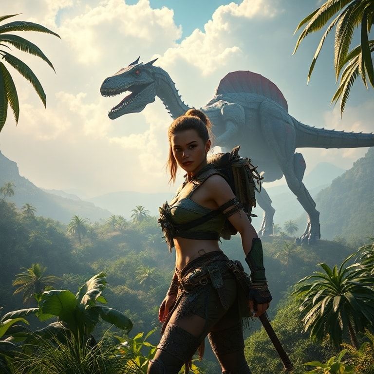 Aloy from Horizon Zero Dawn standing defiantly against a backdrop of a lush, overgrown post-apocalyptic landscape with large, robotic dinosaurs in the distance, dramatic lighting, vibrant colors, game art style, highly detailed, cinematic atmosphere, 8k quality, digital painting