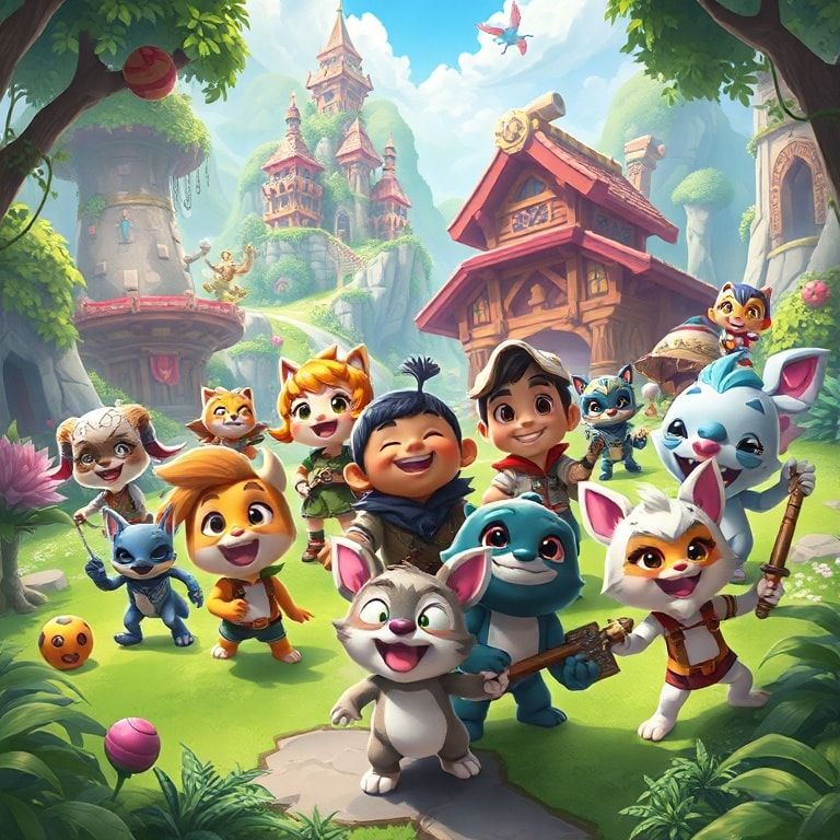 unlock - A group of diverse Palworld characters and their Pals engaged in various activities like crafting, battling, and exp