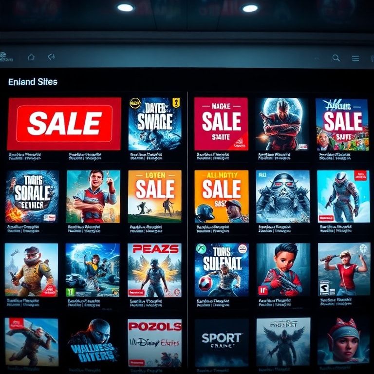 unlock - A digital storefront interface displaying various video game tiles with prominent 'SALE' banners and discount percen