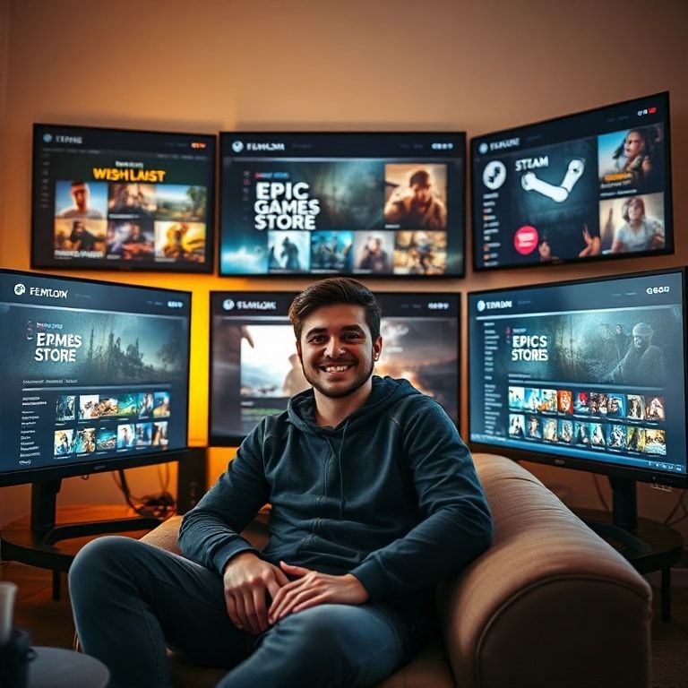 unlock - A gamer sitting comfortably in a well-lit room, surrounded by multiple screens displaying various game storefronts (