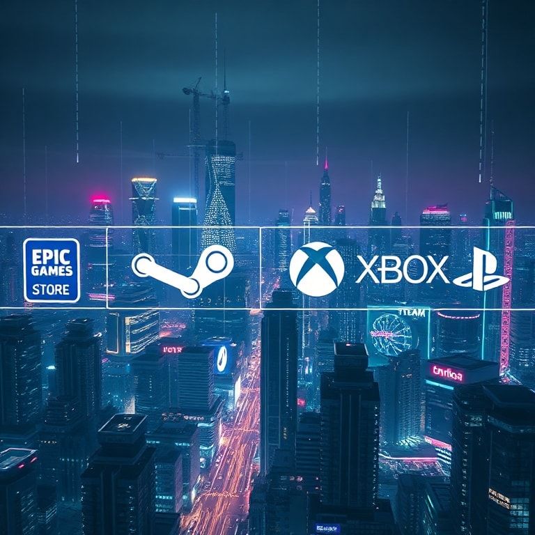 unlock - A futuristic digital cityscape at night, glowing neon lines connecting various gaming platform logos (Epic Games Sto