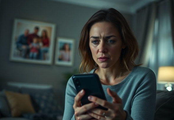 A woman sitting alone in a dimly lit living room, looking distraught and holding a phone, with blurred images of family photos in the background, conveying shock and betrayal, soft, cool lighting, cinematic, realistic, high detail, emotional depth