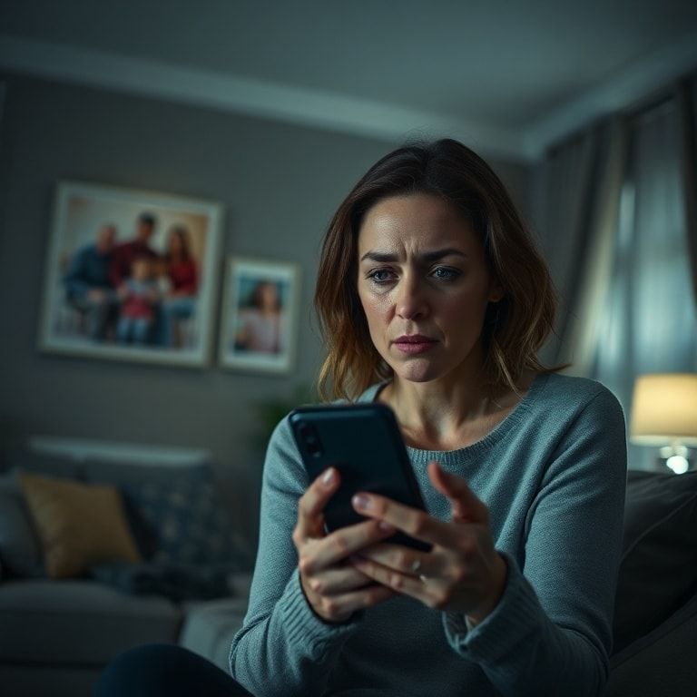 A woman sitting alone in a dimly lit living room, looking distraught and holding a phone, with blurred images of family photos in the background, conveying shock and betrayal, soft, cool lighting, cinematic, realistic, high detail, emotional depth