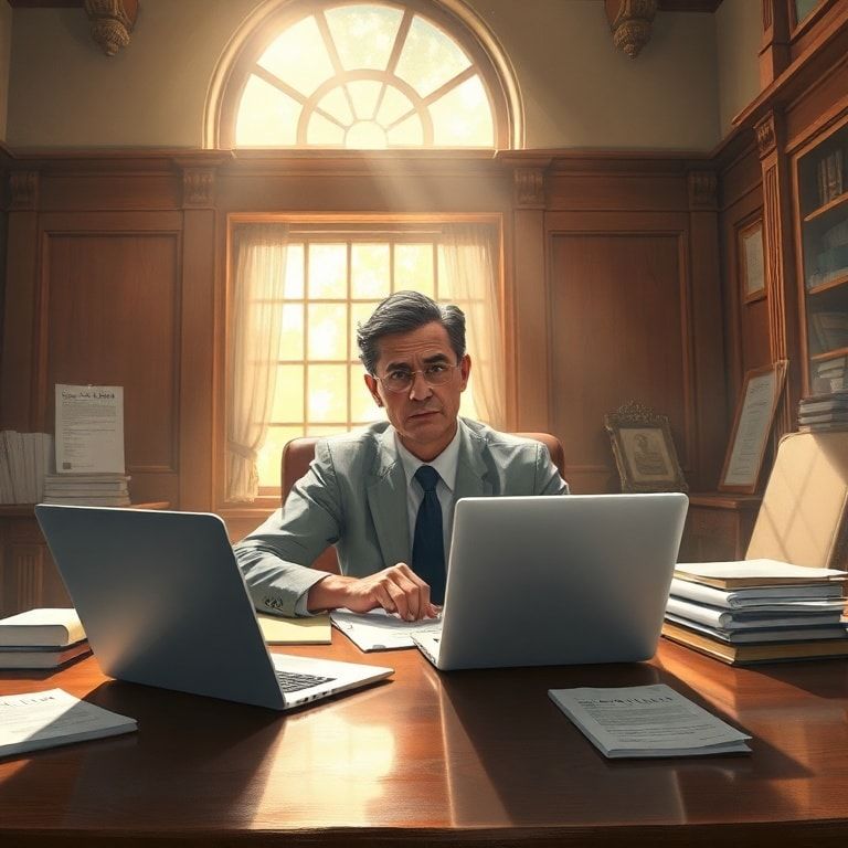 7year - A person sitting at a large wooden desk, surrounded by legal documents, a laptop open, and a thoughtful, determined e