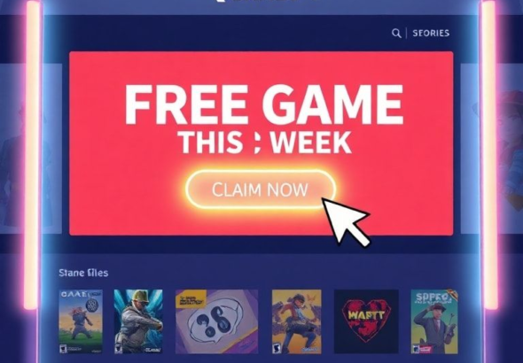 A vibrant and inviting digital storefront interface of the Epic Games Store, prominently displaying a large banner for a 'FREE GAME THIS WEEK'. The banner features an eye-catching, stylized image of a popular video game cover art. A cursor hovers over a glowing 'Claim Now' button, surrounded by minimalist UI elements and a subtle futuristic glow. The background shows other game titles and a diverse selection of genres. The overall mood is exciting and accessible, inviting users to claim their free offer, representing 'Claim This Weeks' opportunity clearly, ultra realistic, highly detailed, 8k quality, digital art style.