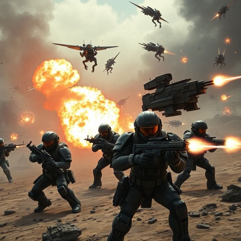 claim - A squad of four Helldivers 2 soldiers in futuristic armor, wielding powerful weapons, engaging in an intense firefigh