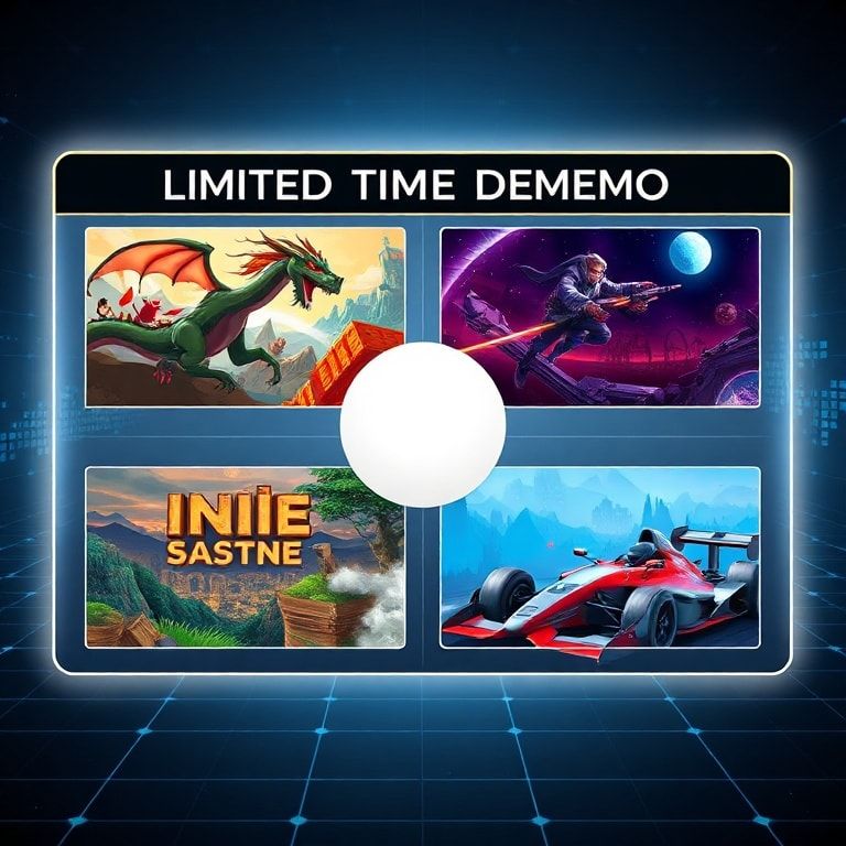 claim - A dynamic collage of various video game demos displayed on a futuristic Steam interface. Each demo tile features uniq