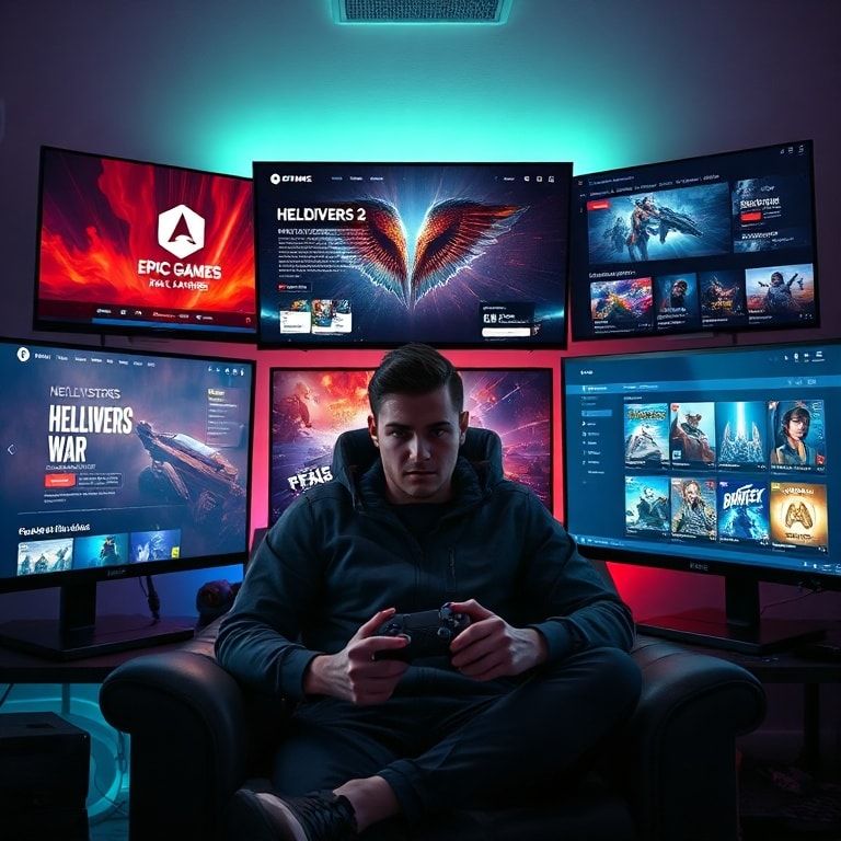 A gamer sitting comfortably in a well-lit, modern gaming setup, surrounded by multiple monitors displaying various gaming pla