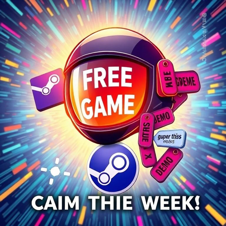 A vibrant and energetic digital illustration of various gaming elements converging: a glowing 'FREE GAME' icon from Epic, a H