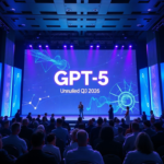futuristic presentation stage with a large holographic display showing 'GPT-5 Unveiled Q3 2026', a diverse audience of tech professionals in the foreground, vibrant blue and purple lighting, sleek modern architecture, cinematic, ultra realistic, highly detailed, 8k quality, photorealistic