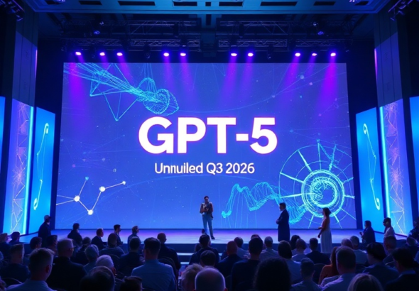 futuristic presentation stage with a large holographic display showing 'GPT-5 Unveiled Q3 2026', a diverse audience of tech professionals in the foreground, vibrant blue and purple lighting, sleek modern architecture, cinematic, ultra realistic, highly detailed, 8k quality, photorealistic