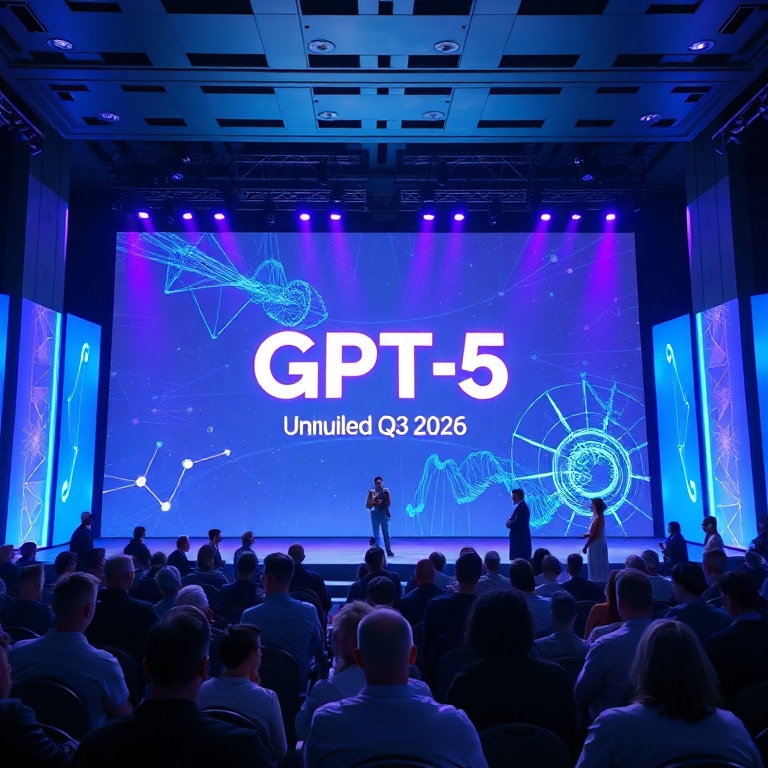 futuristic presentation stage with a large holographic display showing 'GPT-5 Unveiled Q3 2026', a diverse audience of tech professionals in the foreground, vibrant blue and purple lighting, sleek modern architecture, cinematic, ultra realistic, highly detailed, 8k quality, photorealistic