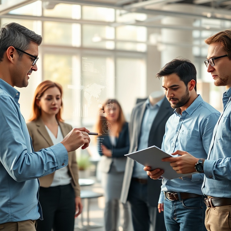 openais - diverse group of professionals collaborating in a modern, sunlit office, one person interacting with a holographic