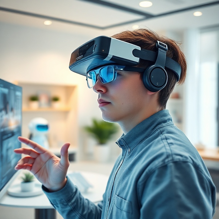 openais - a person wearing futuristic augmented reality glasses interacting with a smart home interface, surrounded by sleek,