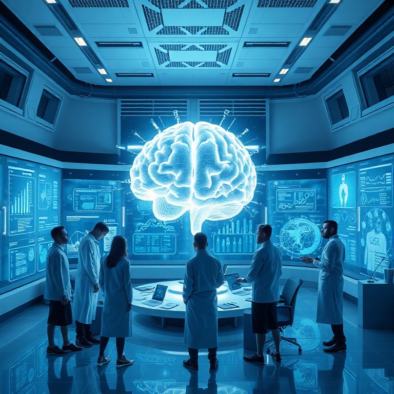 openais - futuristic research lab with scientists collaborating around a glowing holographic brain, complex algorithms projec