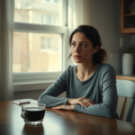 A woman sitting alone at a kitchen table, looking contemplative and a bit overwhelmed, a half-empty coffee cup beside her, soft morning light filtering through a window, a sense of quiet introspection and heavy thoughts, realistic, cinematic lighting, shallow depth of field, warm tones, 8k quality