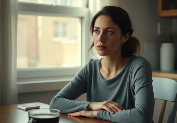 A woman sitting alone at a kitchen table, looking contemplative and a bit overwhelmed, a half-empty coffee cup beside her, soft morning light filtering through a window, a sense of quiet introspection and heavy thoughts, realistic, cinematic lighting, shallow depth of field, warm tones, 8k quality