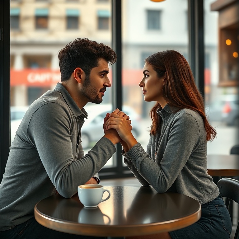 happy - A couple holding hands across a coffee shop table, looking into each other's eyes with a mix of seriousness and hope,