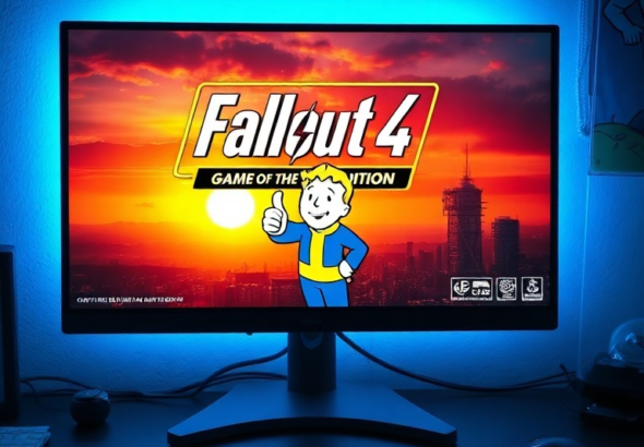 A vibrant computer screen displaying the 'Fallout 4 Game of the Year Edition' title with a prominent 'FREE - Limited Time Offer' banner, a Vault Boy character giving a thumbs up, and a backdrop of a post-apocalyptic cityscape at sunset. The screen is on a gaming desk with a keyboard and mouse, illuminated by soft blue light, cinematic atmosphere, ultra realistic, highly detailed, 8k quality, photorealistic