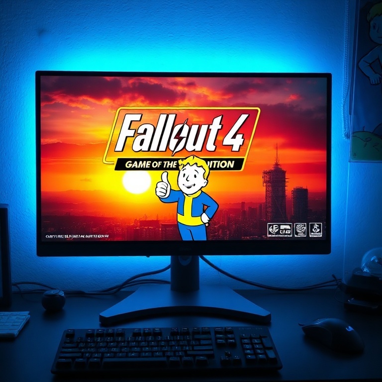 A vibrant computer screen displaying the 'Fallout 4 Game of the Year Edition' title with a prominent 'FREE - Limited Time Offer' banner, a Vault Boy character giving a thumbs up, and a backdrop of a post-apocalyptic cityscape at sunset. The screen is on a gaming desk with a keyboard and mouse, illuminated by soft blue light, cinematic atmosphere, ultra realistic, highly detailed, 8k quality, photorealistic