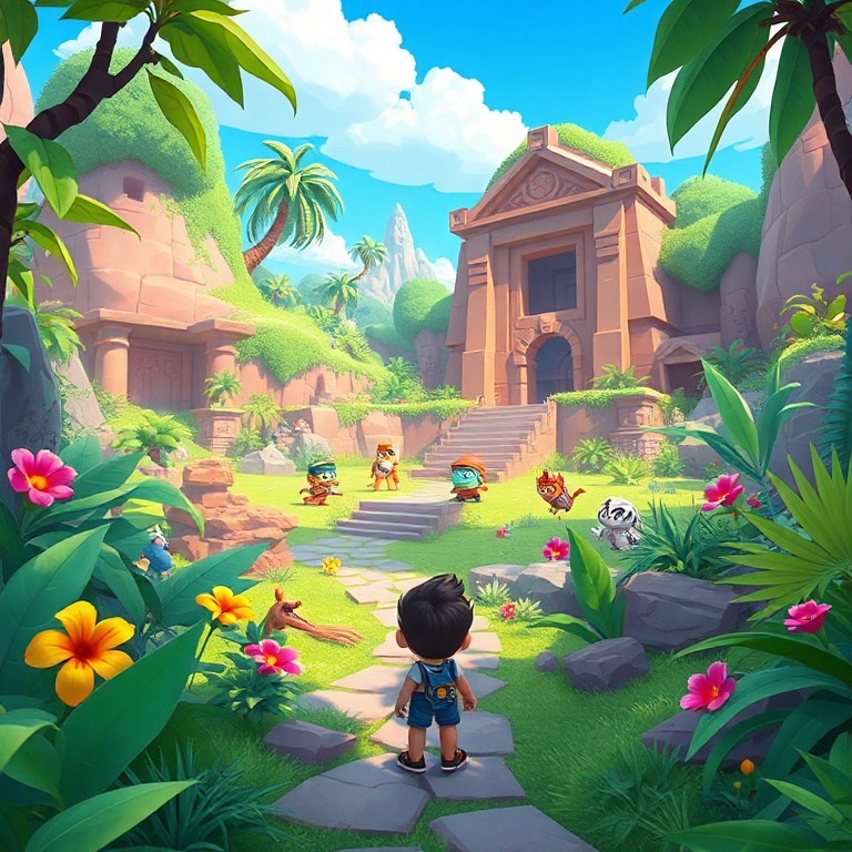 limitedtime - A vibrant, stylized screenshot from Palworld, showcasing new, never-before-seen Pals interacting in a lush, une
