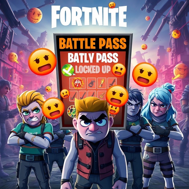 limitedtime - A stylized, intense image of a group of Fortnite characters looking frustrated and confused, standing around a