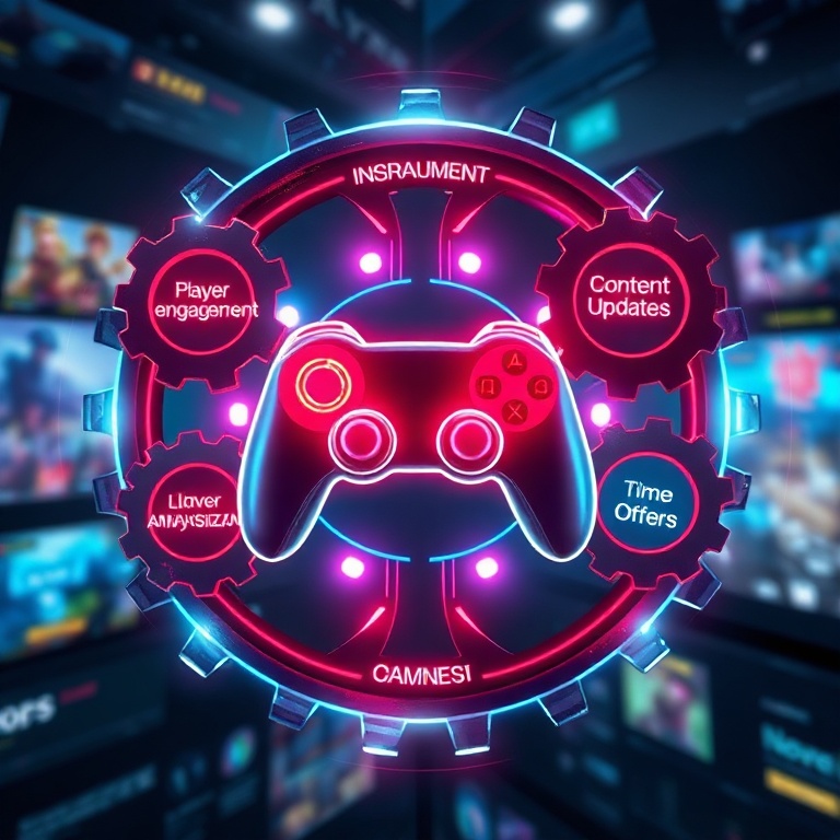 limitedtime - A conceptual image representing the dynamic gaming industry, with intertwining gears of 'Player Engagement,' 'M