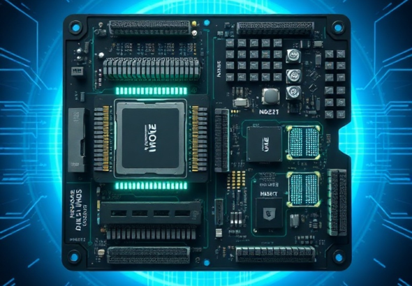 A detailed schematic diagram of NVIDIA's Grace Hopper 2 superchip, showing the integrated Grace CPU and Hopper GPU connected by NVLink-C2C. The diagram highlights memory modules and data pathways, set against a futuristic, glowing blue background, representing advanced technology and efficiency. Technical, high-resolution, digital art.