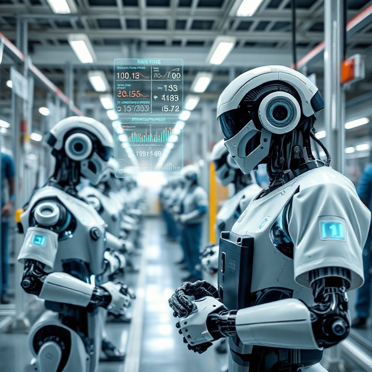 nvidias - An advanced smart factory floor with collaborative robots working alongside human technicians. Holographic data ove