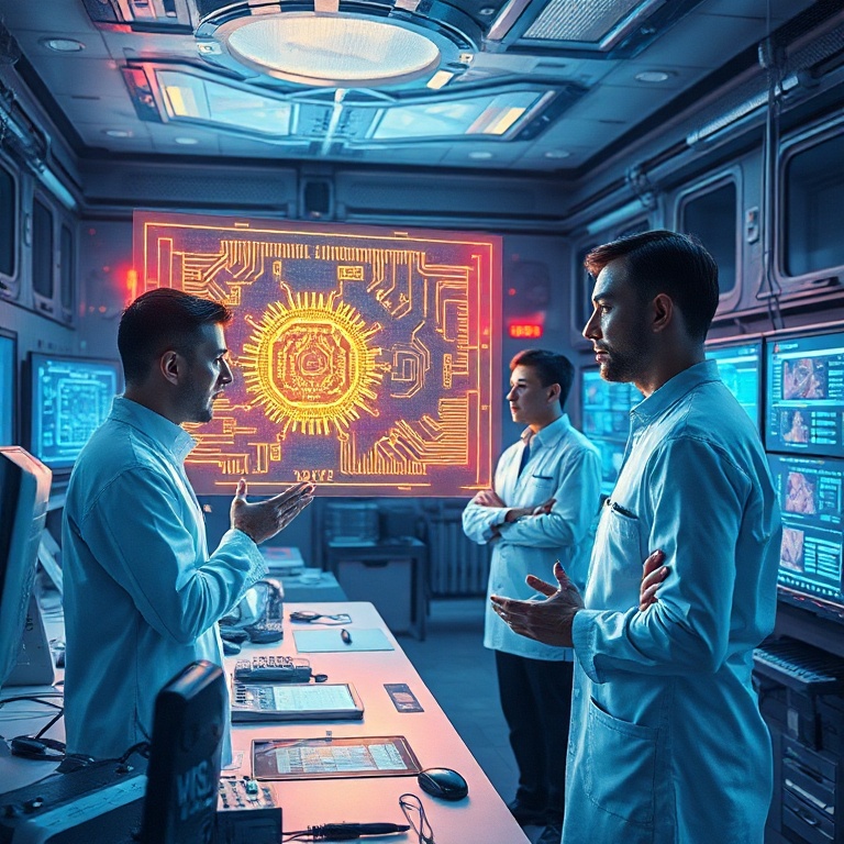 nvidias - A futuristic laboratory environment with researchers examining holographic projections of AI models and chip archit