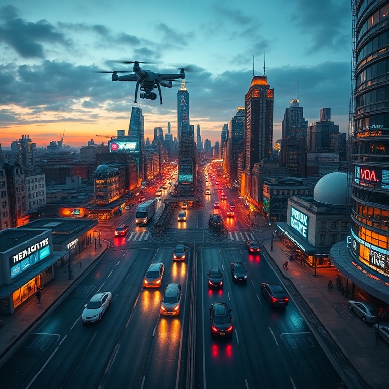 nvidias - A panoramic view of a smart city at dusk, with autonomous vehicles moving seamlessly, drones flying overhead, and b
