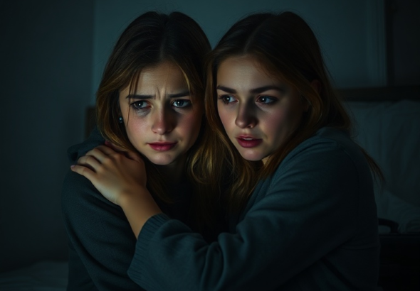 A dimly lit room, two sisters huddle together, one looking distressed and tearful, the other with a determined but worried expression, whispering intently. A half-packed suitcase is visible in the background, hinting at a desperate escape plan. The mood is tense and secretive, with shadows playing on their faces. Soft, cool lighting, realistic, cinematic atmosphere, 8k quality, highly detailed