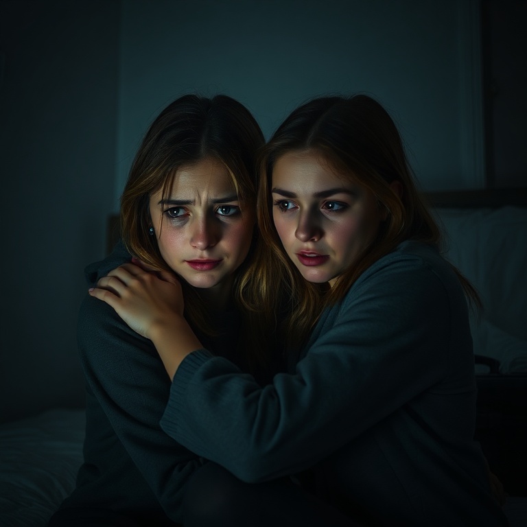 A dimly lit room, two sisters huddle together, one looking distressed and tearful, the other with a determined but worried expression, whispering intently. A half-packed suitcase is visible in the background, hinting at a desperate escape plan. The mood is tense and secretive, with shadows playing on their faces. Soft, cool lighting, realistic, cinematic atmosphere, 8k quality, highly detailed