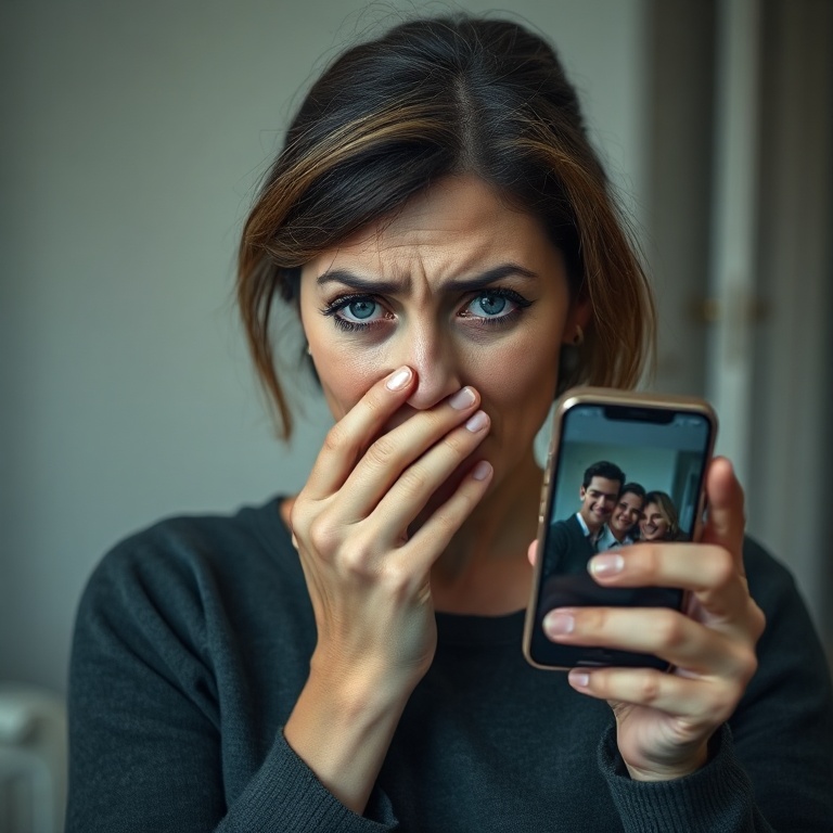 confessions - A woman, mid-30s, looking distraught and conflicted, covering her mouth with one hand, a smartphone in the othe
