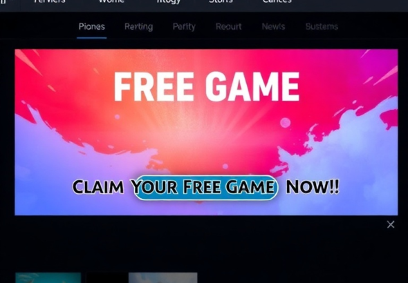 Epic Games Store interface showing a prominent 'Free Game' banner with a vibrant, high-quality game cover art, text overlay 'Claim Your Free Game Now!', digital storefront, modern UI, bright and inviting, 'Urgent Claim Your' button highlighted, 4K resolution, photorealistic
