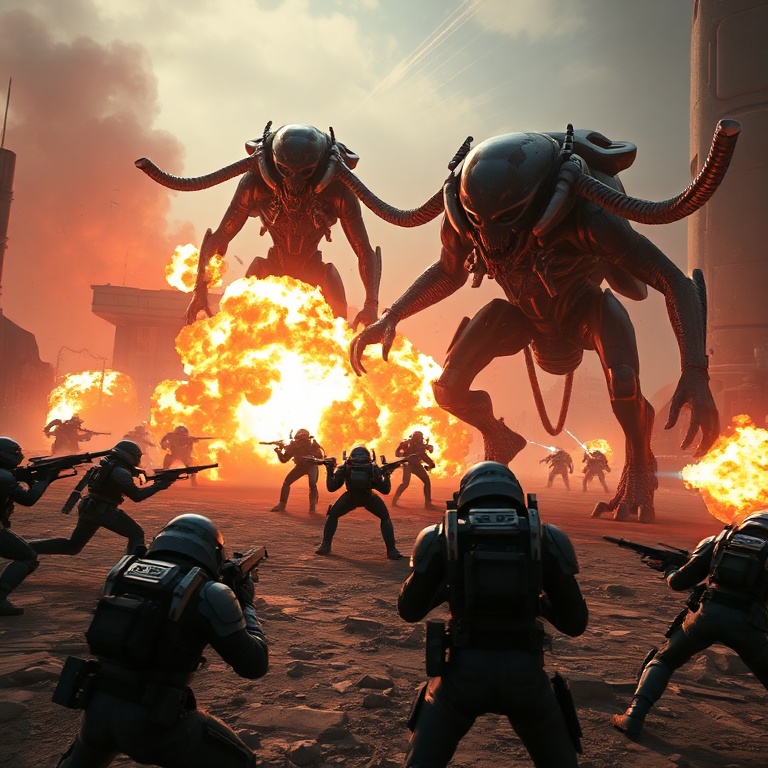 Dynamic in-game scene from Helldivers 2, a squad of Helldivers engaging massive alien Terminid enemies on a fiery, war-torn p