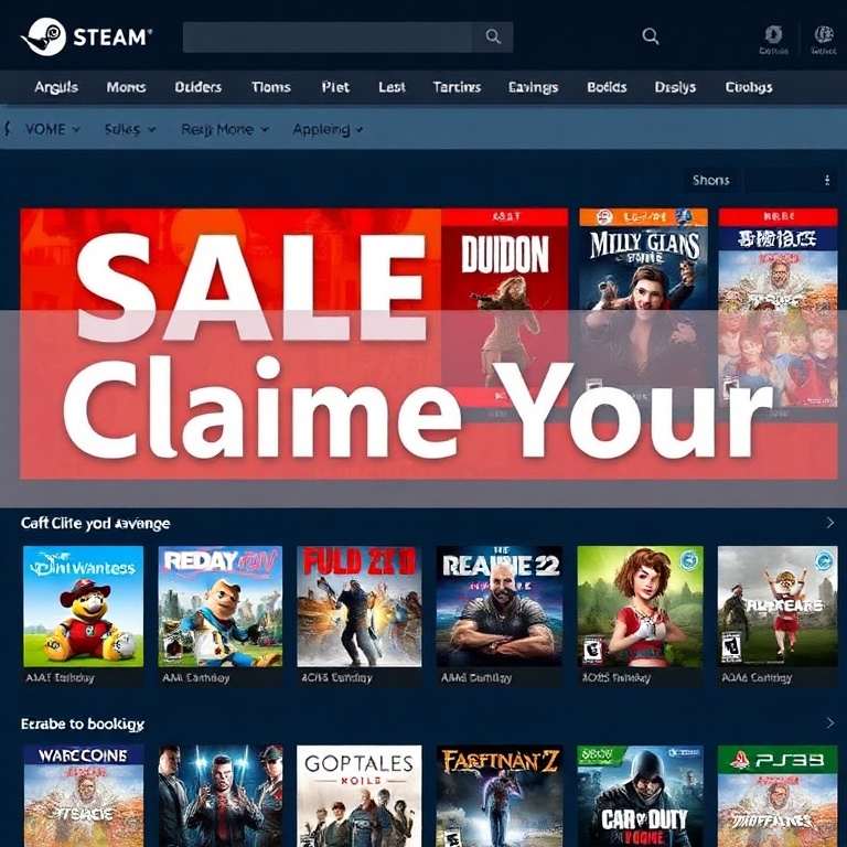 Steam Storefront screenshot showcasing a vibrant sale banner with multiple popular game covers (AAA and indie titles) and pro