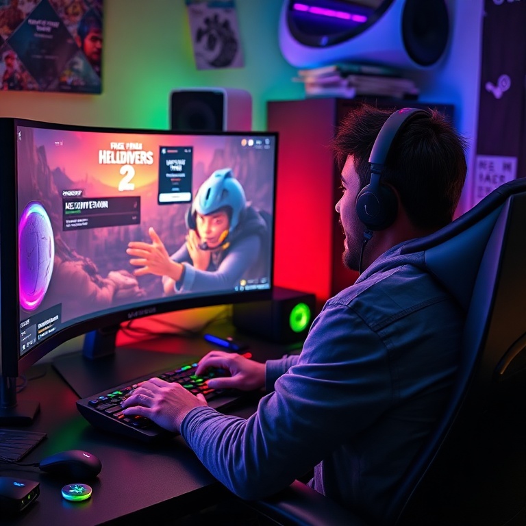 A gamer enthusiastically playing on a high-end PC setup, multiple monitors displaying a free game from Epic, an intense Helld