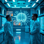 A futuristic laboratory setting with scientists in lab coats observing a holographic projection of a complex neural network, vibrant blue and green light, advanced computing equipment, focused and intellectual atmosphere, ultra realistic, highly detailed, 8k quality, photorealistic