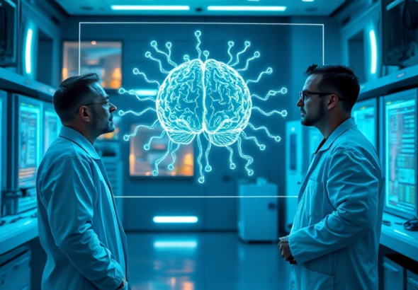 A futuristic laboratory setting with scientists in lab coats observing a holographic projection of a complex neural network, vibrant blue and green light, advanced computing equipment, focused and intellectual atmosphere, ultra realistic, highly detailed, 8k quality, photorealistic