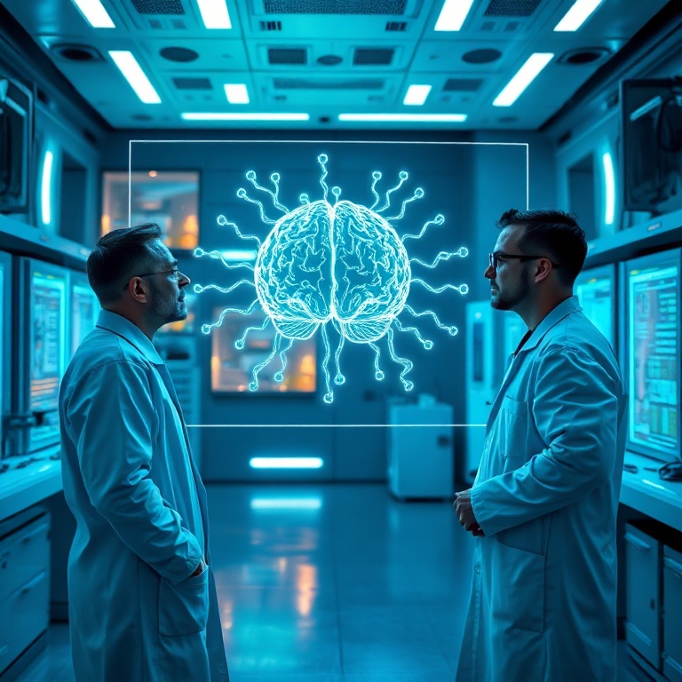 A futuristic laboratory setting with scientists in lab coats observing a holographic projection of a complex neural network, vibrant blue and green light, advanced computing equipment, focused and intellectual atmosphere, ultra realistic, highly detailed, 8k quality, photorealistic