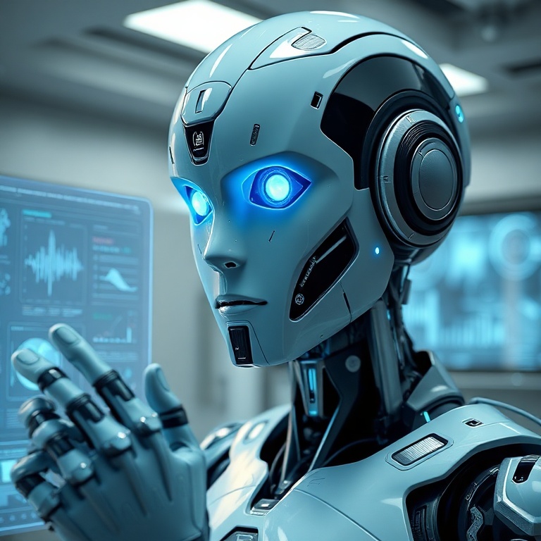 openai - A detailed rendering of an advanced humanoid robot with glowing blue eyes, interacting with a complex holographic us