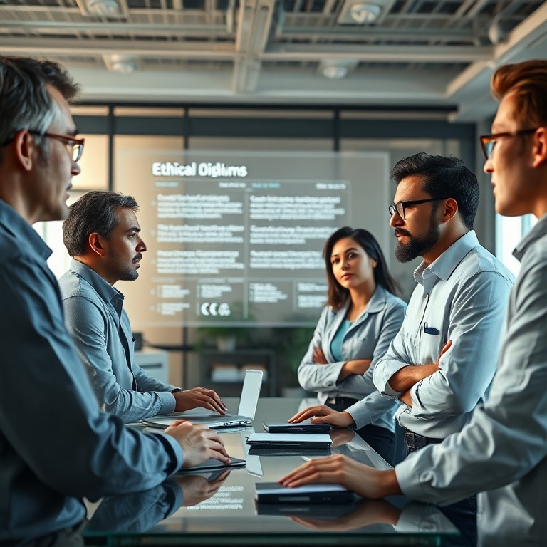 openai - A diverse group of ethical AI researchers in a modern, collaborative workspace, discussing a complex ethical dilemma